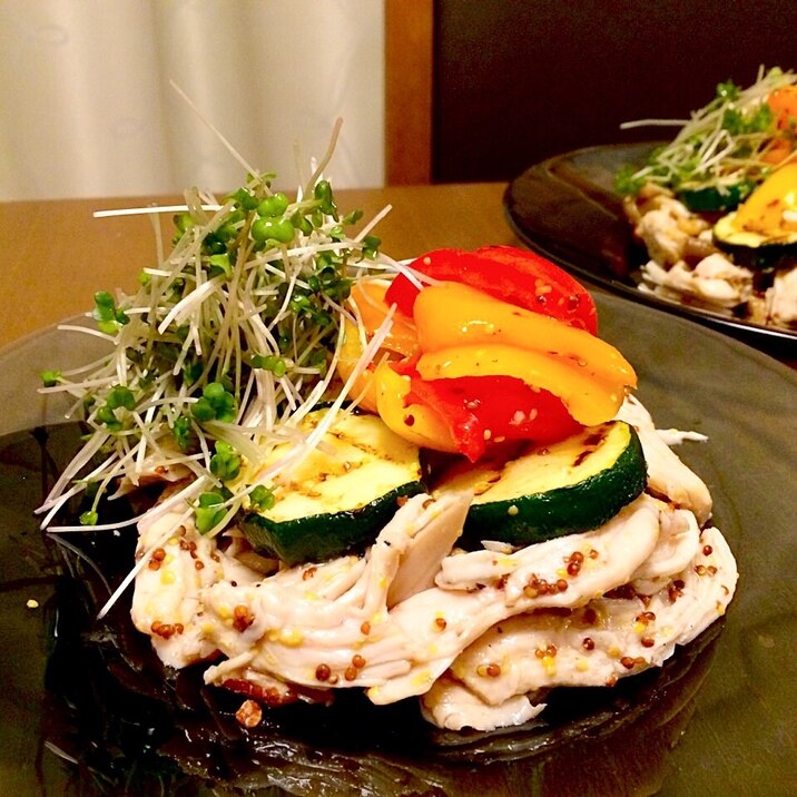 蒸し鶏とグリル野菜*ハニーマスタードマリネ